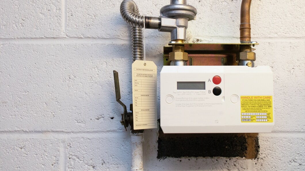 Gas meter die aan de muur hangt