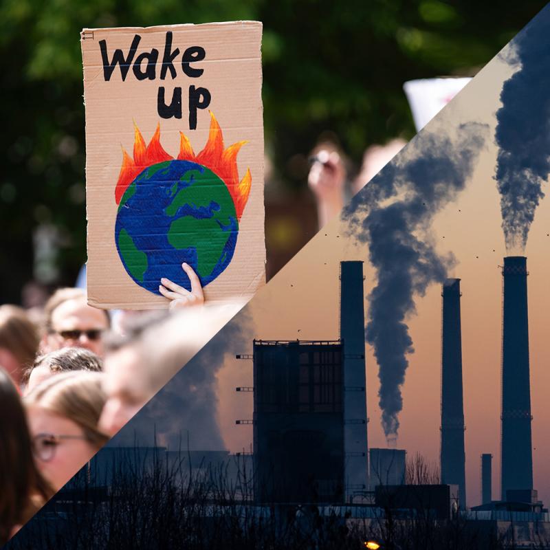 Collage van klimaatprotesten en uitstoot door industrie